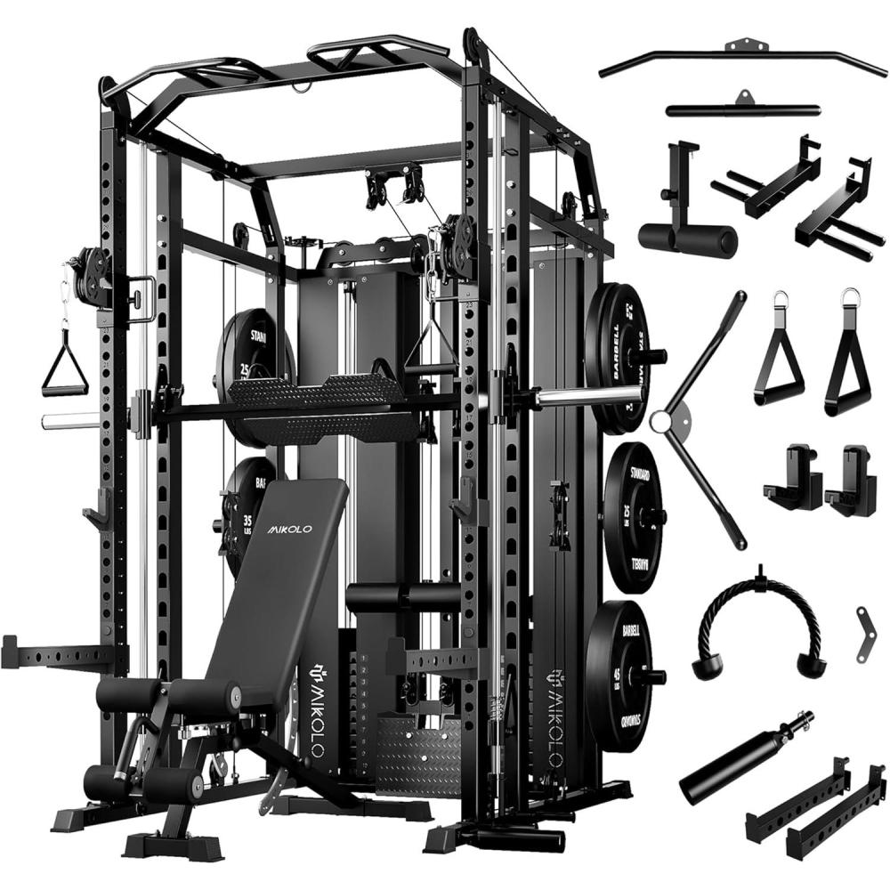 imageMikolo Smith Machine with Weight Stack Power Cage Home Gym System with LAT Pulldown amp Cable Crossover MultiFunctional Trainer with Dual Pulley System Includes 10 Free AttachmentsPackage with Bench  230lb Weight Plates