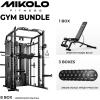 Mikolo Smith Machine with Weight Stack, Power Cage Home Gym System with LAT Pulldown & Cable Crossover, Multi-Functional Trainer with Dual Pulley System, Includes 10+ Free Attachments(Package with Bench & 230lb Weight Plates)