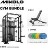 Mikolo Smith Machine with Weight Stack, Power Cage Home Gym System with LAT Pulldown & Cable Crossover, Multi-Functional Trainer with Dual Pulley System, Includes 10+ Free Attachments(Package with Bench & 230lb Color Bumper Plates)