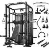 Mikolo Smith Machine with Weight Stack, Power Cage Home Gym System with LAT Pulldown & Cable Crossover, Multi-Functional Trainer with Dual Pulley System, Includes 10+ Free Attachments(Package with Bench & Cable Attachment Set)