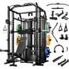 Mikolo Smith Machine with Weight Stack, Power Cage Home Gym System with LAT Pulldown & Cable Crossover, Multi-Functional Trainer with Dual Pulley System, Includes 10+ Free Attachments(Package with Bench & 230lb Color Bumper Plates)