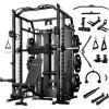 Mikolo Smith Machine with Weight Stack, Power Cage Home Gym System with LAT Pulldown & Cable Crossover, Multi-Functional Trainer with Dual Pulley System, Includes 10+ Free Attachments(Package with Bench & 230lb Weight Plates)