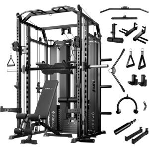 Mikolo Smith Machine with Weight Stack, Power Cage Home Gym System with LAT Pulldown & Cable Crossover, Multi-Functional Trainer with Dual Pulley System, Includes 10+ Free Attachments(Package with Bench & Cable Attachment Set)