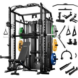 Mikolo Smith Machine with Weight Stack, Power Cage Home Gym System with LAT Pulldown & Cable Crossover, Multi-Functional Trainer with Dual Pulley System, Includes 10+ Free Attachments(Package with Bench & 230lb Color Bumper Plates)
