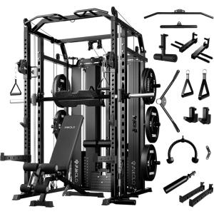 Mikolo Smith Machine with Weight Stack, Power Cage Home Gym System with LAT Pulldown & Cable Crossover, Multi-Functional Trainer with Dual Pulley System, Includes 10+ Free Attachments(Package with Bench & 230lb Weight Plates)