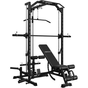Mikolo Smith Machine Home Gym Power Cage (1:1 Ratio Strength Trainer) (Space Saving Design) (with 8 Free Attachments) Squat Rack for Full Body Training((With Weight Bench))