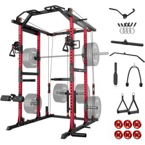 Mikolo K6 2.0 Power Cage, Power Rack with Cable Crossover System, 2000LBS Squat Rack with LAT Pull Down System, Functional Trainer with Aluminum Pulley System for Home Gym(Red)