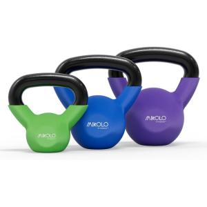 Mikolo Neoprene Coated Cast Iron Kettlebells 5-30LB Set, Solid Weight Set with Wide Grip Handle and Flat Bottom, Ideal for Full Body Strength Training at Home Gym(5-10-15LB)
