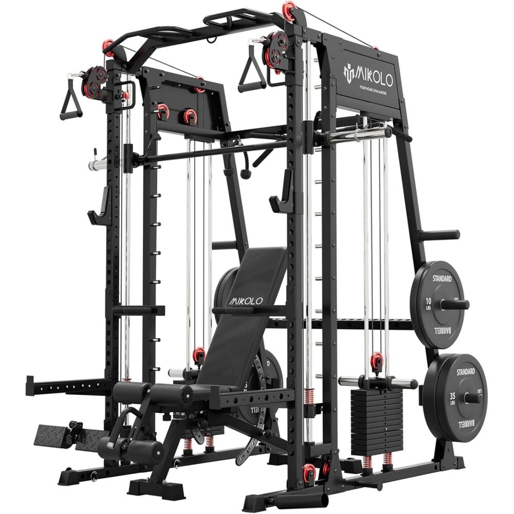 imageMikolo M4 20 StandardUltraElite Smith Machine 2200lbs Squat Rack with LATPull Down System amp Cable Crossover Machine Training Equipment with Leg HoldDown AttachmentBlack