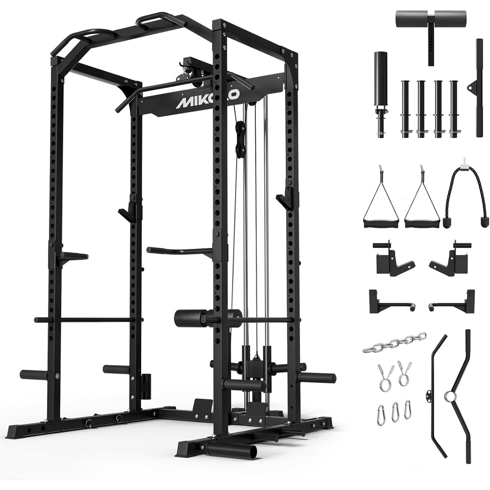 image:imageMikolo F4 20 Power Cage with DualTrack Smooth Pulley System 1200LBS Power Rack with Leg HoldDown for Heavy LAT PulldownsBlack