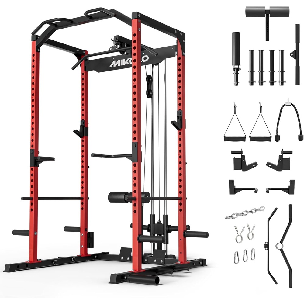 image:imageMikolo F4 20 Power Cage with DualTrack Smooth Pulley System 1200LBS Power Rack with Leg HoldDown for Heavy LAT PulldownsRed