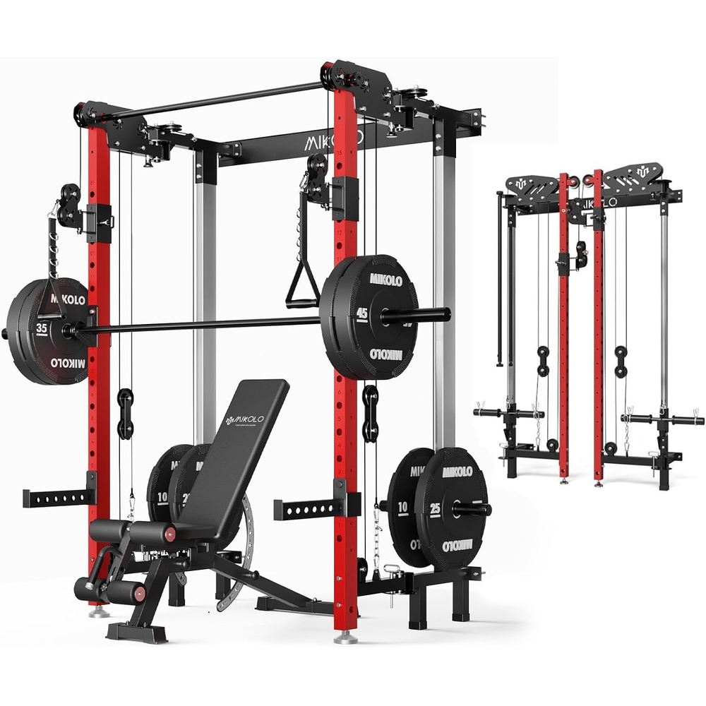 image:imageMikolo Folding Squat Rack Wall Mounted Power Rack with Cable Crossover Machine amp LAT Pull Down Functional Trainer with 5 Adjustable Function Modes for Home Gym and Space SavingRed