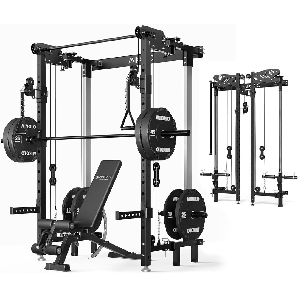 image:imageMikolo Folding Squat Rack Wall Mounted Power Rack with Cable Crossover Machine amp LAT Pull Down Functional Trainer with 5 Adjustable Function Modes for Home Gym and Space SavingBlack