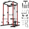Mikolo F4 2.0 Power Cage with Dual-Track Smooth Pulley System, 1200LBS Power Rack with Leg Hold-Down for Heavy LAT Pulldowns(Red)