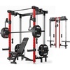 Mikolo Folding Squat Rack, Wall Mounted Power Rack with Cable Crossover Machine & LAT Pull Down, Functional Trainer with 5 Adjustable Function Modes, for Home Gym and Space Saving(Red)
