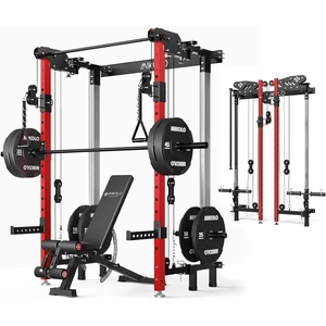 Mikolo Folding Squat Rack, Wall Mounted Power Rack with Cable Crossover Machine & LAT Pull Down, Functional Trainer with 5 Adjustable Function Modes, for Home Gym and Space Saving(Red)